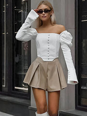Pydshop Flare Puff Sleeve Open Shoulder White Top