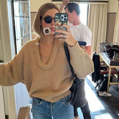 Pydshop Fashion Casual Round Knit Sweater For Women Solid Color Loose Autumn 2024 New Pullovers Long Sleeve Female Knitted Top