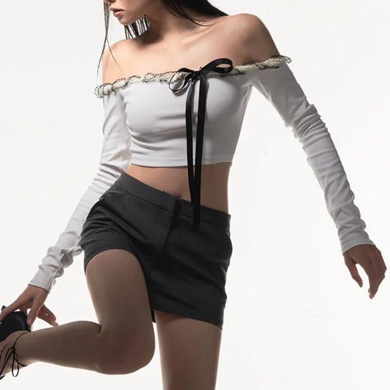Pydshop Autumn White T-shirt Women New Long Sleeves Lace-up Slash Neck Crop Top Fashion Casual T Shirt Streetwear Sexy Slim Top Female
