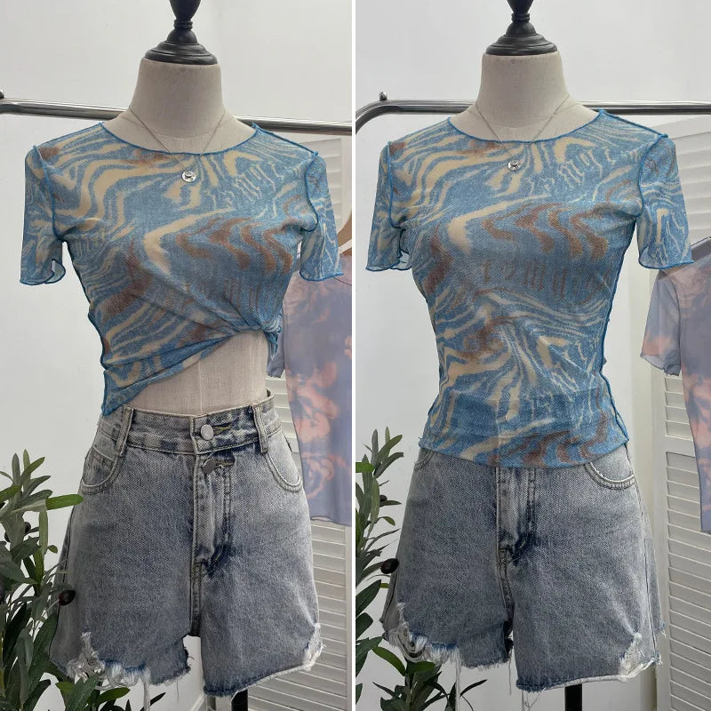 Pydshop Women's 2024 Retro Thin Mesh Butterfly Print Slim Short Sleeve T-Shirt Women's Summer Short Hot Girl Top Holiday Mini Summer Tee
