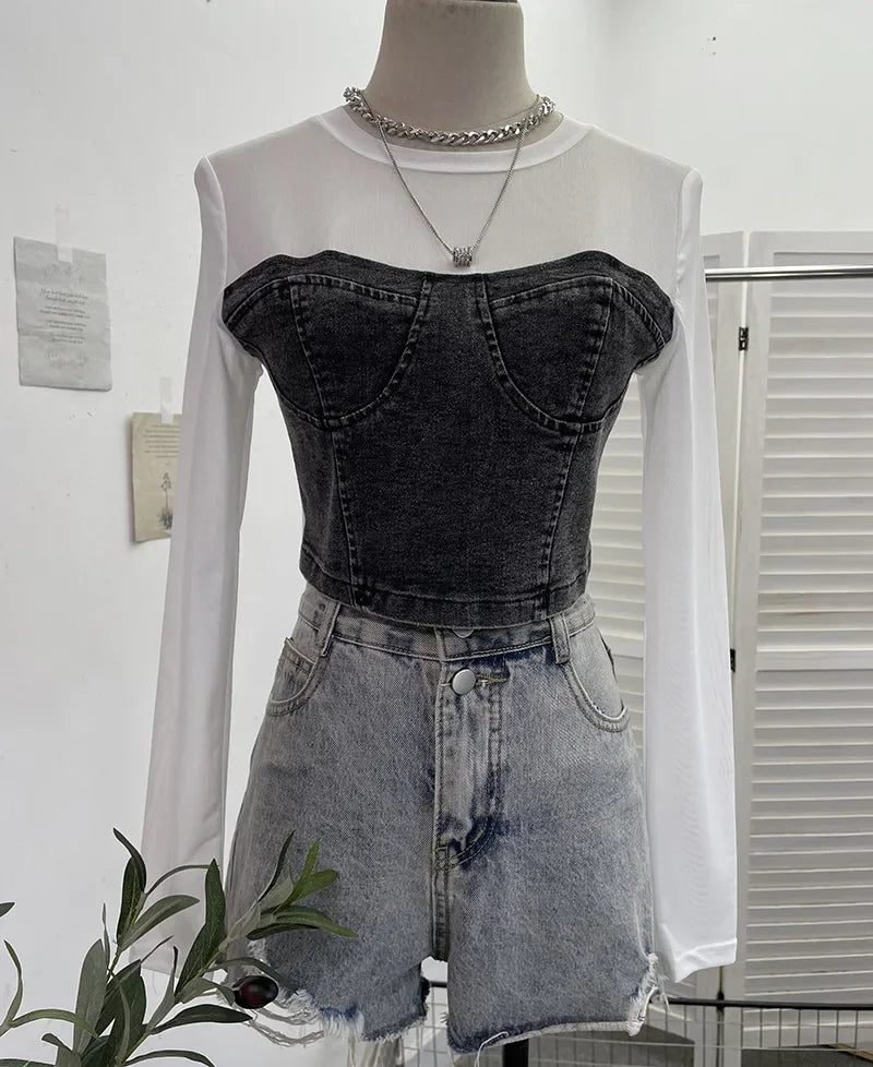 Pydshop Women Street Fake Two Piece Denim Splicing Mesh Long Sleeve Slim Fit Crop Top Y2K Top Casual Holiday PartyClub Streetwear 2623