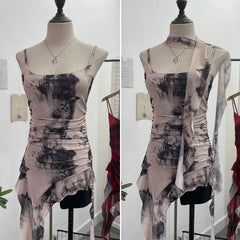 Pydshop Women's Spaghetti Strap Mesh Top Irregular Ruffled Ribbon Camisole Vest Sexy Hot Girl Y2K Tie Dye Pleated Slim Tube Top Casual