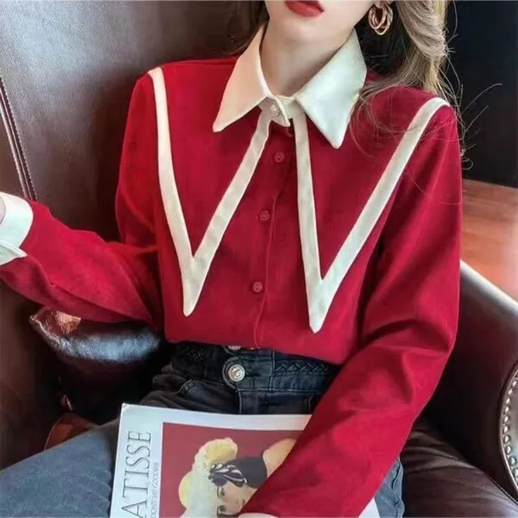 Pydshop Elegant Vintage Edge Piping Peaked Collar Shirts Women Spring Loose Puff Sleeve Blouses Simple Single Breasted Tops