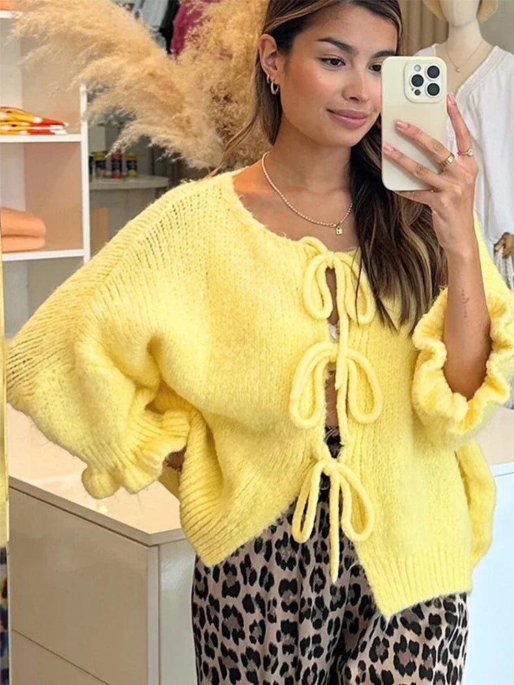 Pydshop Lace Up Knitted Cardigan Top For Women Sexy Cut Out Petal Sleeves Loose Sweater Outwear Female Solid Color Autumn Fashion