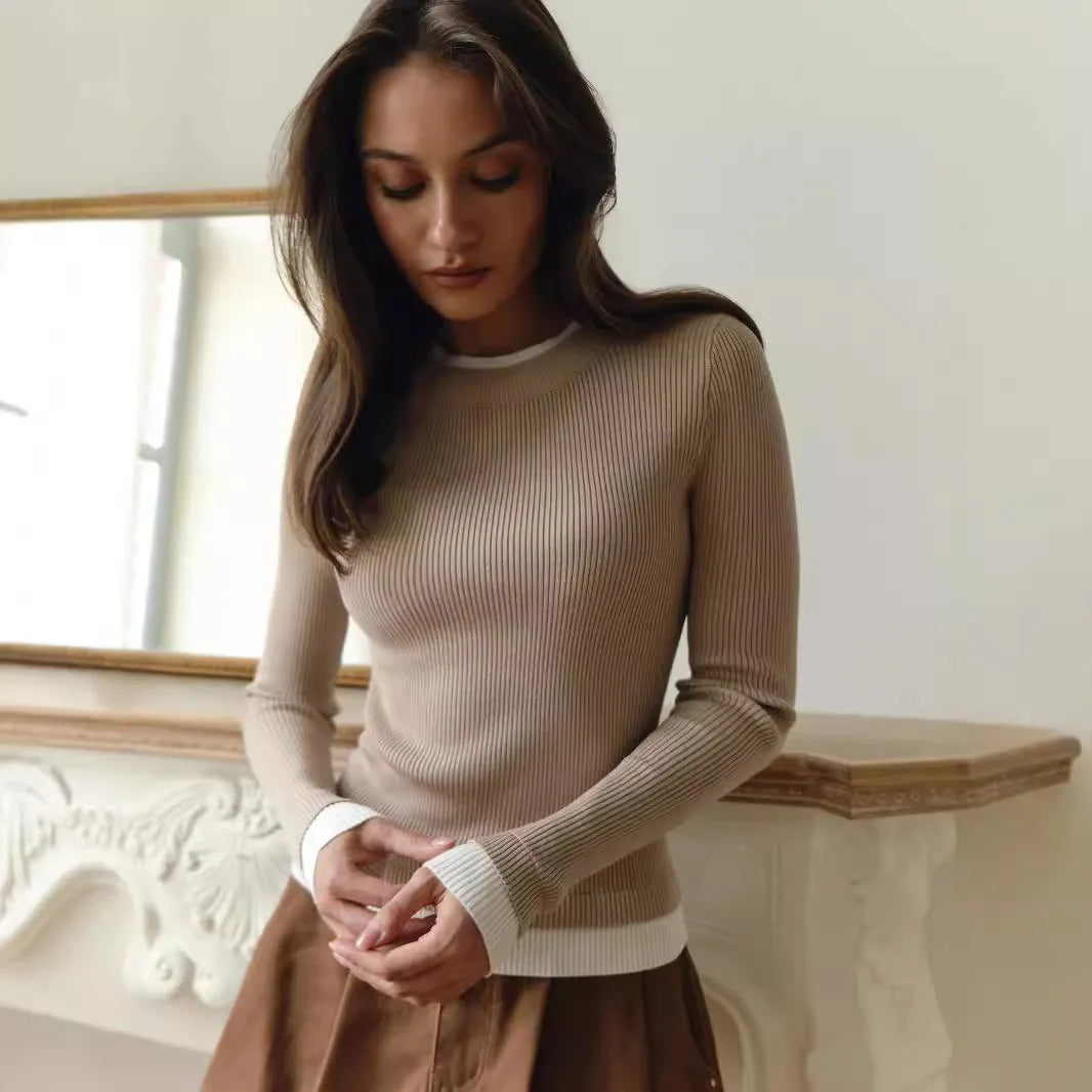 Pydshop Fall Winter Contrast Color Knitted Sweater Female Long Sleeve Thin Knitted Bottoming Stitching Rabbit Fleece Pullover Top
