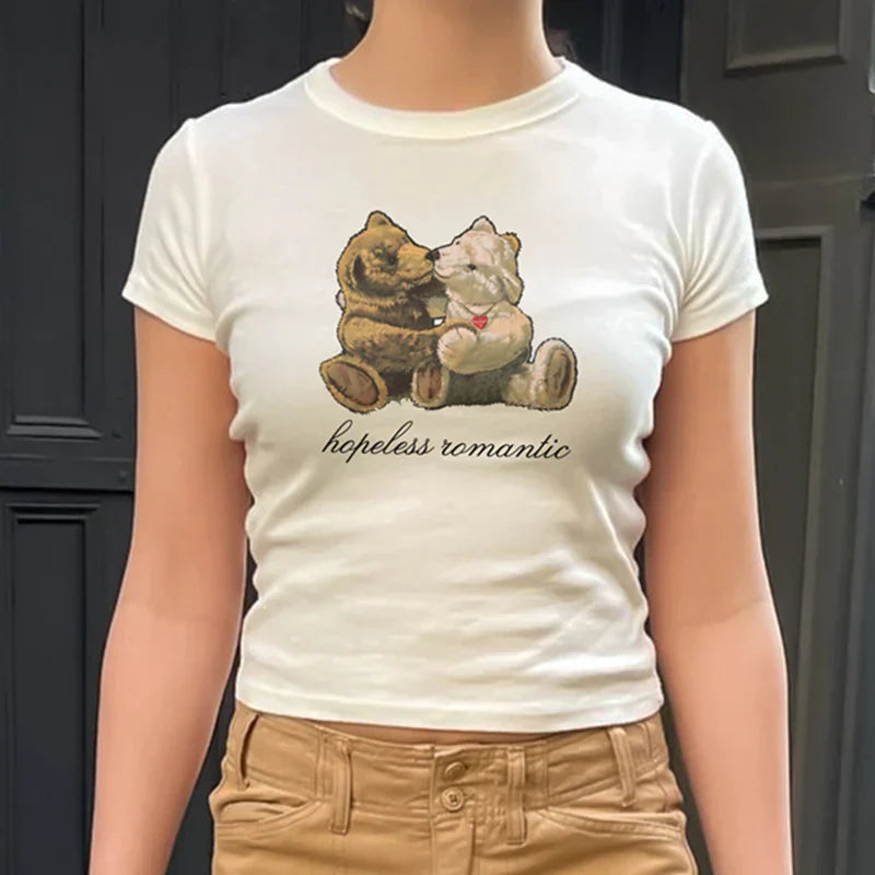 Pydshop Kawaii Sweet Cute Print Crop Tops Korean Aesthetic 00s Retro Baby Tees Chic Short Sleeve Slim T-shirt Women Y2K Vintage Clothes