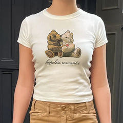 Pydshop Kawaii Sweet Cute Print Crop Tops Korean Aesthetic 00s Retro Baby Tees Chic Short Sleeve Slim T-shirt Women Y2K Vintage Clothes