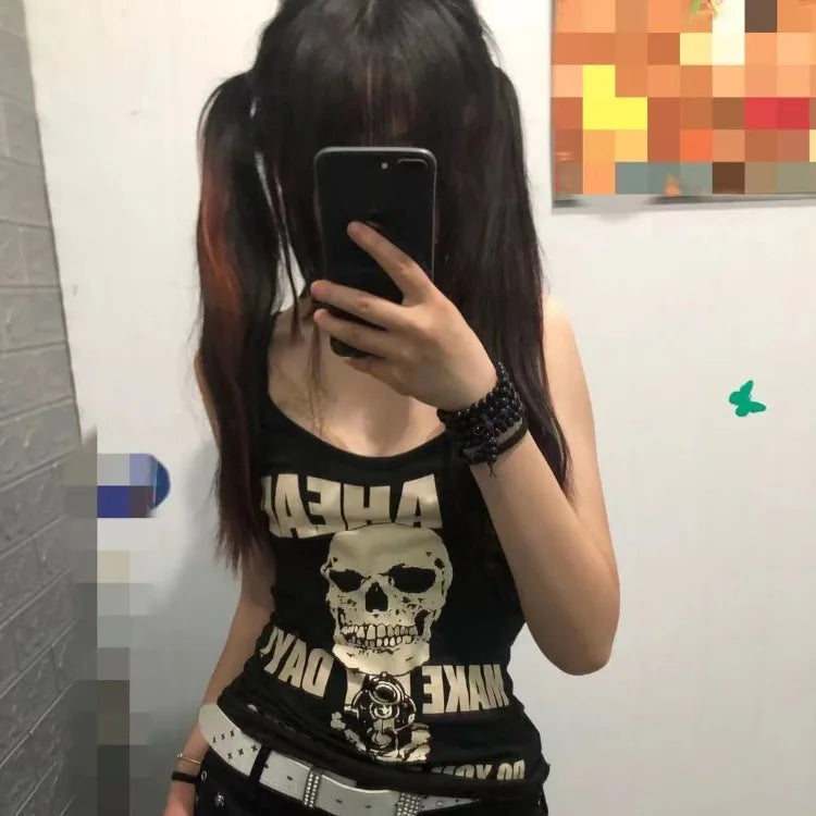 Pydshop Punk Skull Rose Print Vest T-shirts 2024 Summer New Sleeveless Tops Women Y2k Grunge O-neck Slim Fit Black Tee Shirt