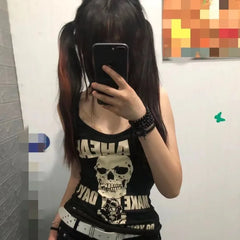 Pydshop Punk Skull Rose Print Vest T-shirts 2024 Summer New Sleeveless Tops Women Y2k Grunge O-neck Slim Fit Black Tee Shirt