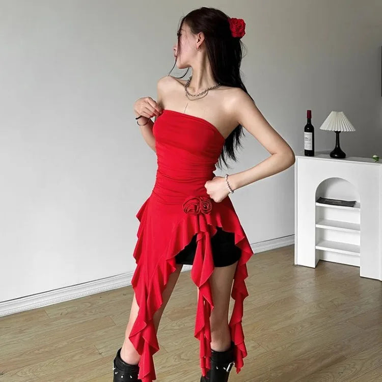 Pydshop Vintage 3D Rose Flower Vest for Women Sexy Irregular Slim Fit Strapless Tank Top 2024 Summer New Ruffles Blouses Mujer