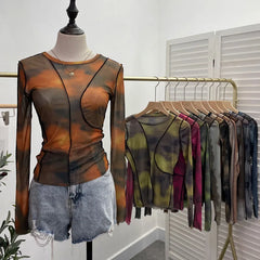 Pydshop Retro Smudged Print Sexy See Through Mesh Bottoming Shirt Slim Long Sleeved Top Y2K T-shirt Party Leisure Essential Streetwear