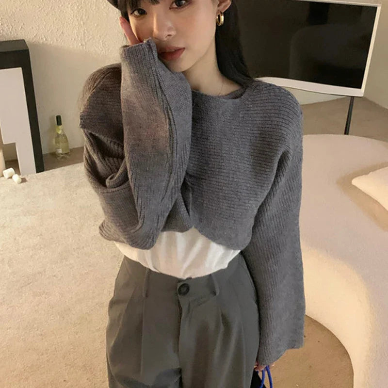 Pydshop 2024 Short Women's Pullovers Sweaters Autumn Winter Streetwear Knitted Sweater Long Sleeve Cross Irregular Solid Y2K Tops Sexy