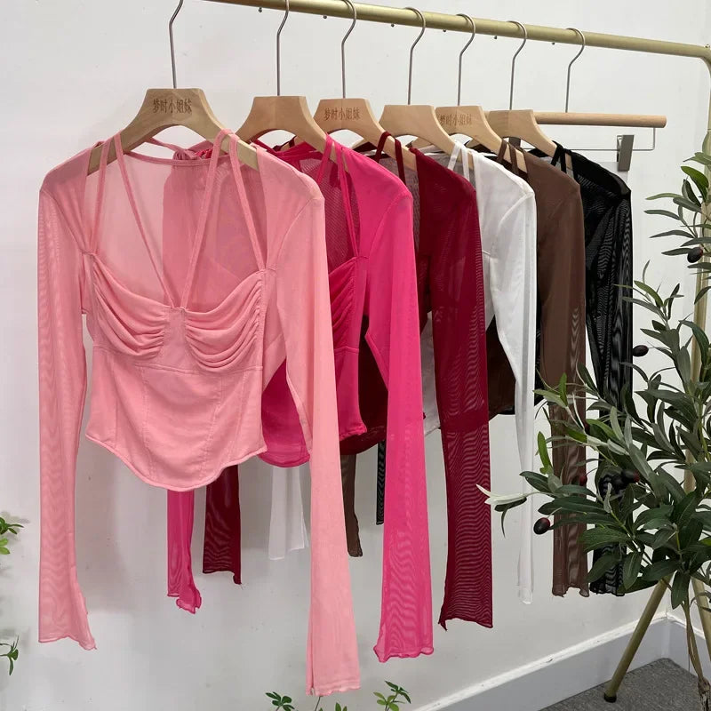 Pydshop Women Square Neck Tie Halter Mesh See Through Long Sleeve T-shirt Sexy Lce Up Slim Fit Short Slit Cuff Top PartyClub Streetwear