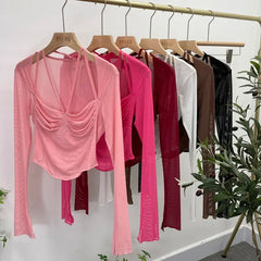 Pydshop Women Square Neck Tie Halter Mesh See Through Long Sleeve T-shirt Sexy Lce Up Slim Fit Short Slit Cuff Top PartyClub Streetwear