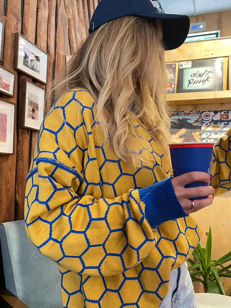 Pydshop Autumn New Pullover Sweater Women's Retro Plaid Print Loose Casual Knitted Top  Long Sleeve Round Neck Female Fashion