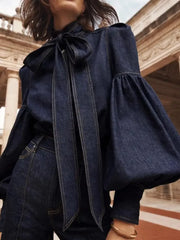 Pydshop Denim Puff Sleeve High Neck Top