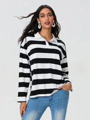 Pydshop Harajuku Striped Sweatshirt Women Y2k Preppy Style Turn-down Collar Loose Pullover Korean Fashion Sweatshirt Long Sleeve Tops