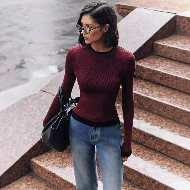Pydshop Fall Winter Contrast Color Knitted Sweater Female Long Sleeve Thin Knitted Bottoming Stitching Rabbit Fleece Pullover Top