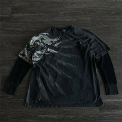 Pydshop Vintage Graphic Print Pullovers Tops Halloween Clothes 2000s Skull Grunge Layered Sleeve Tee Y2K Aesthetic Emo Mall Goth T-shirt