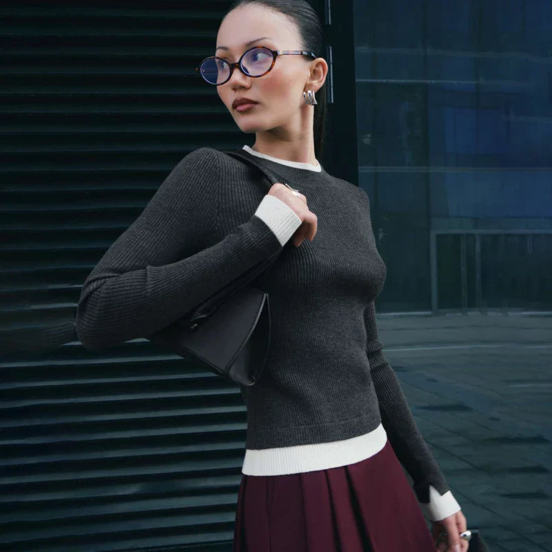 Pydshop Fall Winter Contrast Color Knitted Sweater Female Long Sleeve Thin Knitted Bottoming Stitching Rabbit Fleece Pullover Top
