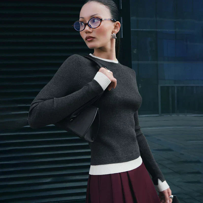 Pydshop Fall Winter Contrast Color Knitted Sweater Female Long Sleeve Thin Knitted Bottoming Stitching Rabbit Fleece Pullover Top