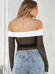 Pydshop Lace Splice Low Neck Off The Shoulders Sheer Top