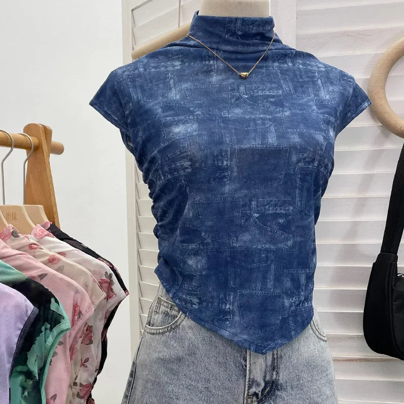Pydshop Women's Retro Tie Dye Printed Mesh Short Sleeve T-Shirt Chic Sexy Folded Irregular Hot Girl Navel-Baring Vest Top 8721 Outfits