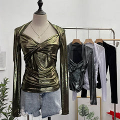 Pydshop Women's Sexy Twist V-neck Pleated Slim Fit Long Sleeve Bottoming Shirt Casual PartyClub Streetwear Y2K Top Essential Outfits8989
