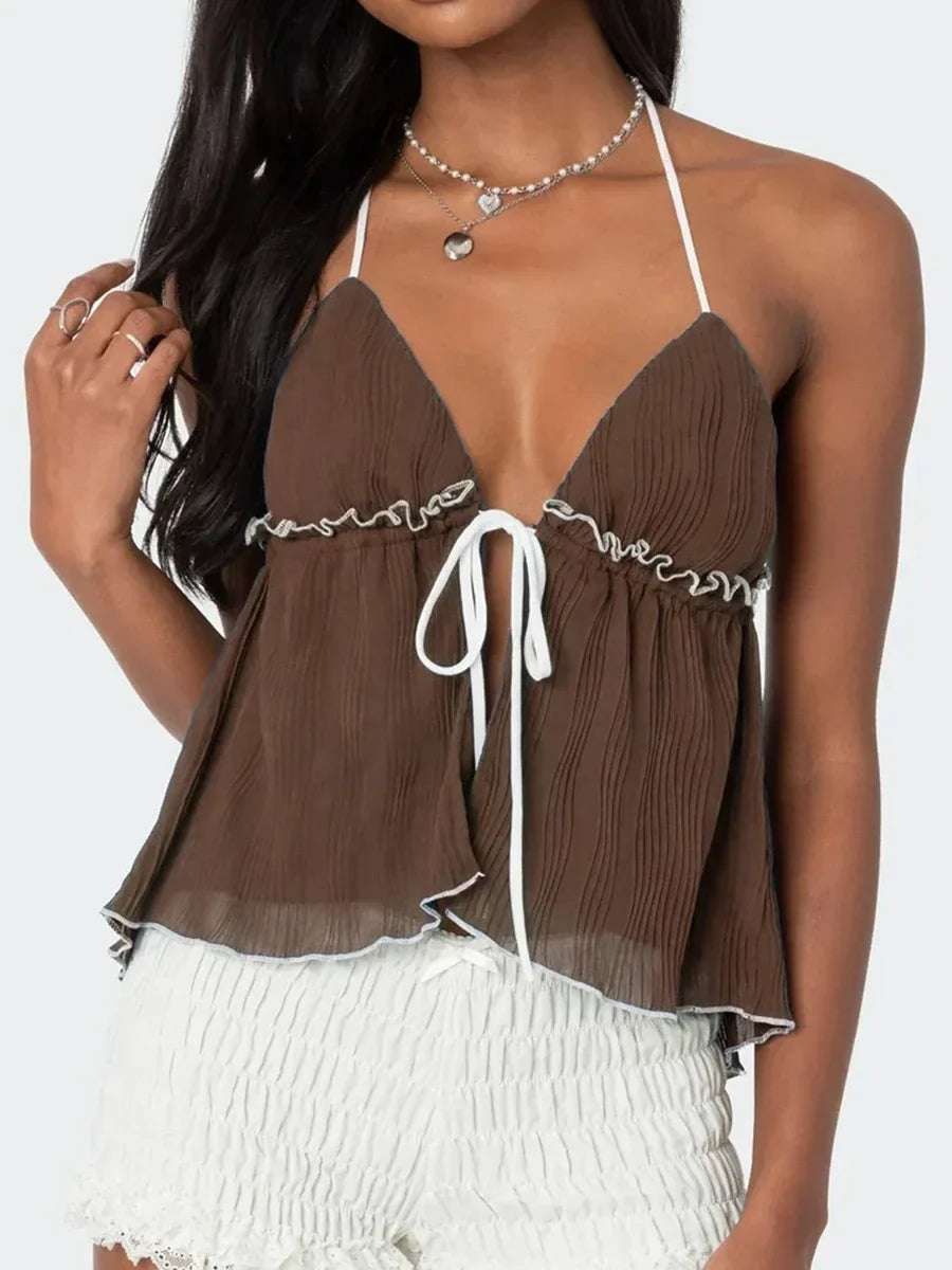 Pydshop Women Sexy Halter Tie-up Vest Tops Y2k Texture Ruffle Patchwork Sleeveless Backless Open Front Tie-up Split Camisoles Streetwear