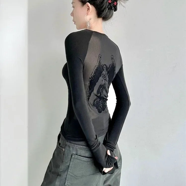 Pydshop Black Retro Angel Print T-shirt for Women 2024 Autumn Fashion Slim Fit Tee Shirt Y2k E-Girl Long Sleeve Bottoming Tops Mujer