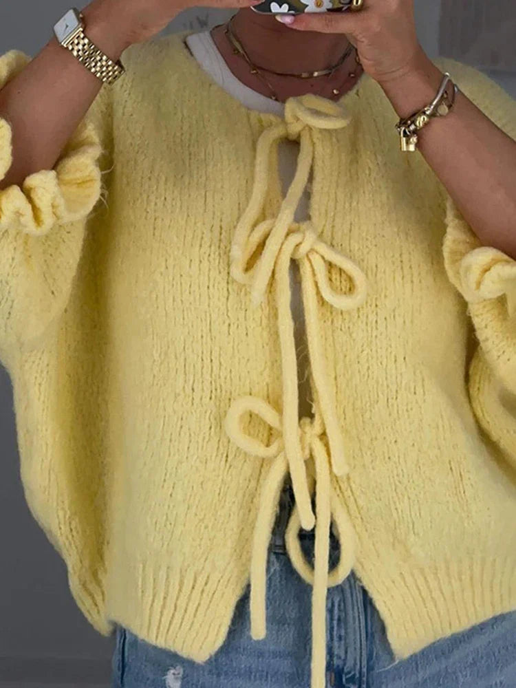 Pydshop Lace Up Knitted Cardigan Top For Women Sexy Cut Out Petal Sleeves Loose Sweater Outwear Female Solid Color Autumn Fashion