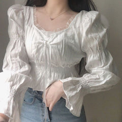 Pydshop French Style Chiffon Blouse Women Spring Summer Puff Sleeve Lace Up Ruffles Shirts Elegant Korean Fashion Preppy Style Sweet Top