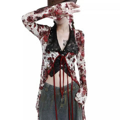 Pydshop Vintage Gothic Flower Tie Dye Lace Shirts Women Y2k Sexy V-neck Slim Fit  Up Blouses 2024  New Long Sleeve Cardigan Tops