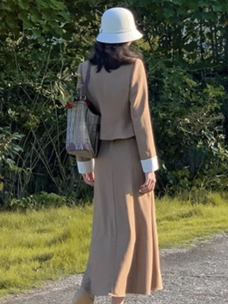Pydshop French Women Autumn 2 Pieces Set Elegant Long Sleeve Blazer Bow Top Casual A-line Midi Skirt 2023 Spring Solid Lady Clothes
