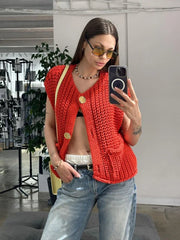 Pydshop Fashion Sleeveless Knitted Cardigan Vests For Women Autumn New Short Sweater Button With Pockets Solid Color Knitted Top