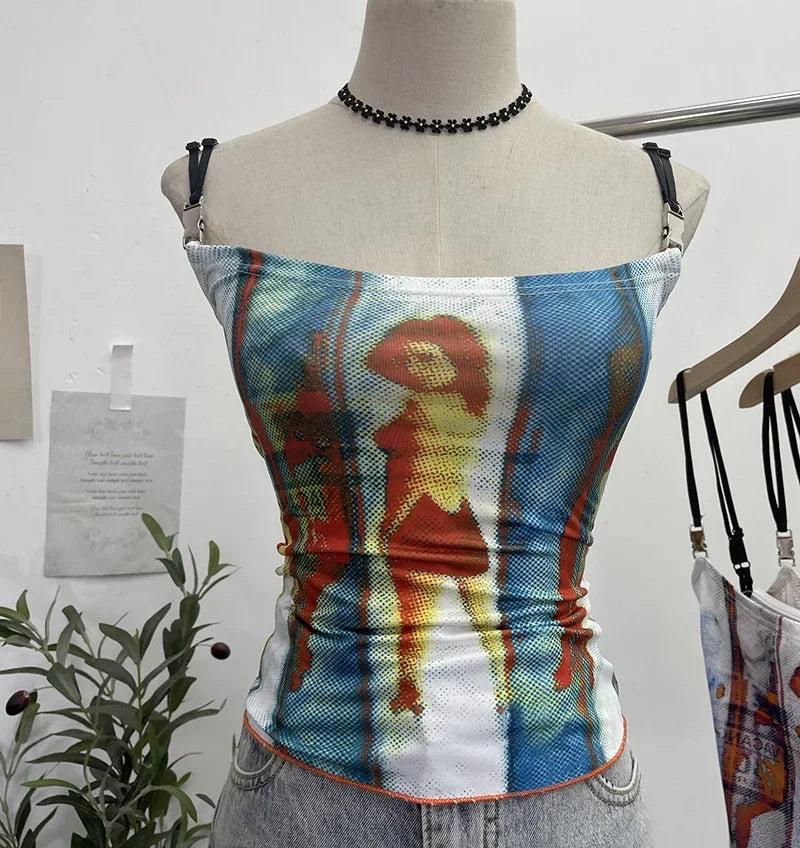 Pydshop Women's Retro Print Chic Camisole Top Sexy Slim Fit Camisole Short Sleeveless Tube Top 8830 Party Casual Holiday Street Outfits