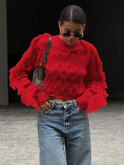 Pydshop Splice Tassel Short Knitted Top Female Solid Slim Fit Long Sleeves Fashion Pullover Sweater Women's Autumn Winter Casual