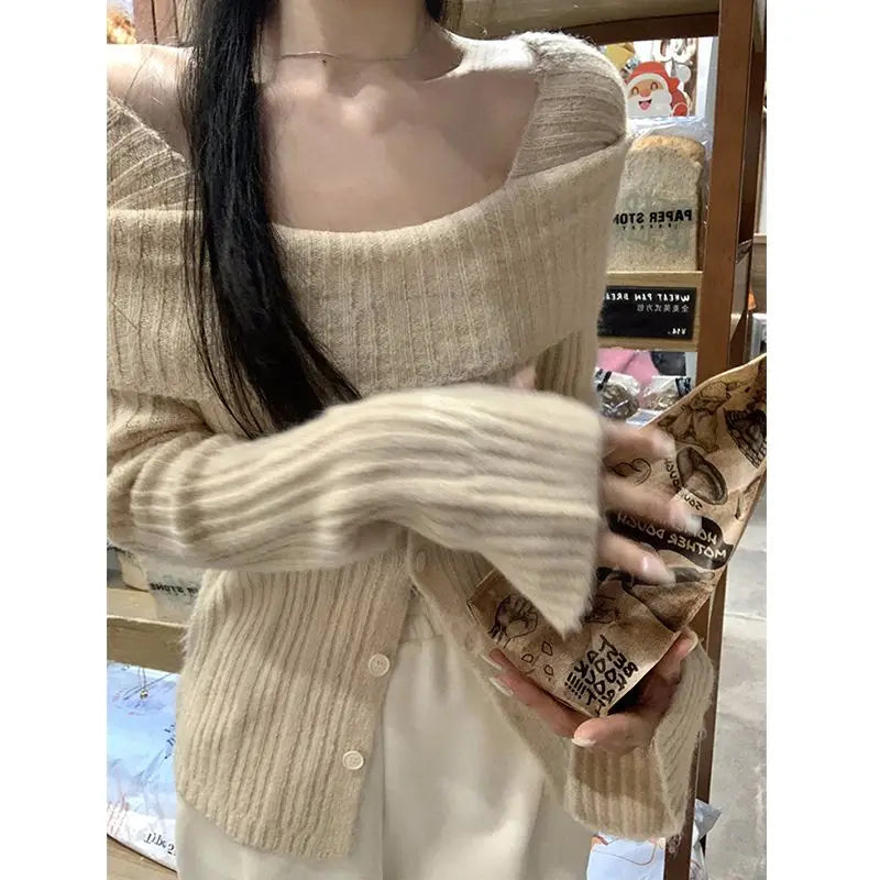 Pydshop  Korean Gray Off Shoulder Knit Sweater Women Old Money Style Long Sleeve Jerseys Y2K Gyaru Slash Neck Basic Jumper Tops