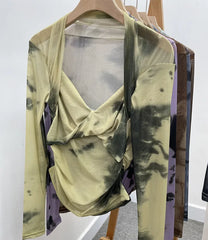 Pydshop Retro Tie Dye Print Halter Neck Bottoming Long Sleeve Top Sexy Hot Girl V Neck Pleated T-shirt Slim Mesh Y2K Top Essential 8929