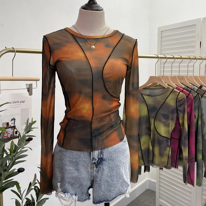 Pydshop Retro Smudged Print Sexy See Through Mesh Bottoming Shirt Slim Long Sleeved Top Y2K T-shirt Party Leisure Essential Streetwear