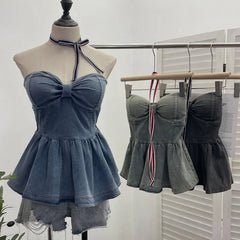 Pydshop Women's Button Down Padded Denim Tube Top With Bow Tie Halterneck Short Puffy Top BacklesVintage Harajuku Streetwear Tank Tops