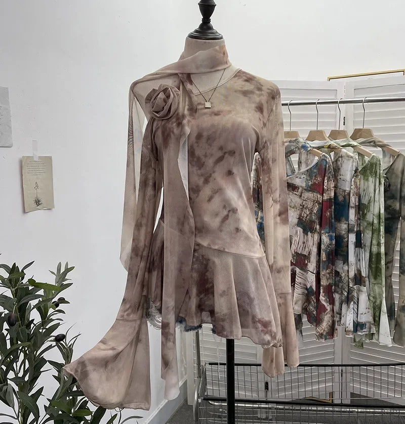 Pydshop Hot Girl Retro Off-Shoulder Flare Long Sleeve Top For Women Scarf Streamer Flower Ruffle Slim Sexy Mesh Irregular top Clubwear