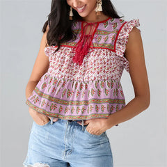 Pydshop Women Boho Tie Front Peplum Top Stripe Floral Print Flowy Fringe Sleeve Ruffle Crop Top Babydoll Blouse Tee Shirt Party Clubwear