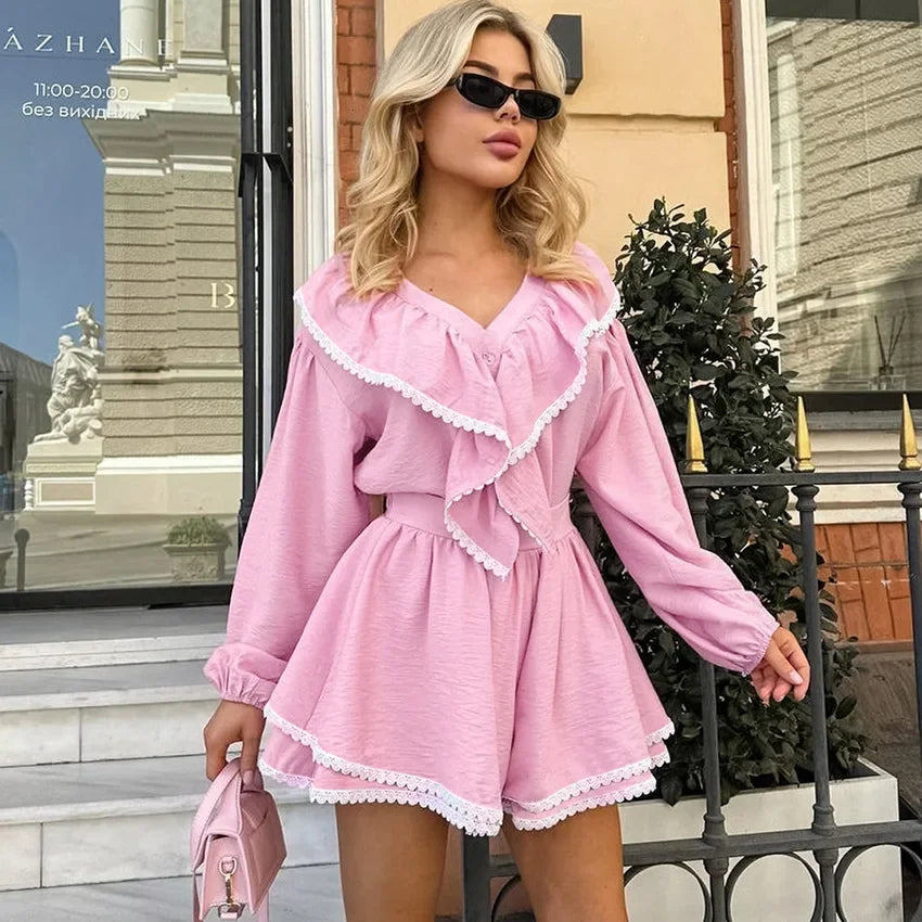 Pydshop Lace Ruffled Tops Shorts Fashion Set Ladies Pajamas Home Clothes Fashion Long Sleeve Top Cotton Casual Matching Sets Fall