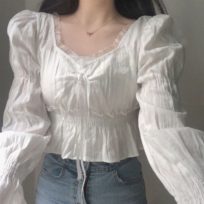 Pydshop French Style Chiffon Blouse Women Spring Summer Puff Sleeve Lace Up Ruffles Shirts Elegant Korean Fashion Preppy Style Sweet Top