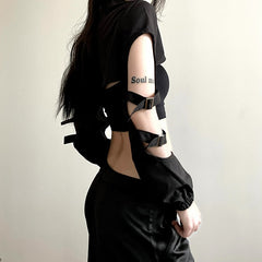 Pydshop Black Buckle Turtleneck Pullover Smock Zipper Top