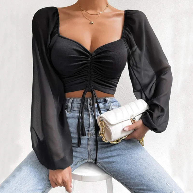 Pydshop Horetong Women's Sexy V-neck Off-Shoulder Blouses Summer Drawstring Bandage Long Sleeve Tops Ladies Korean Fashion Short Clothes
