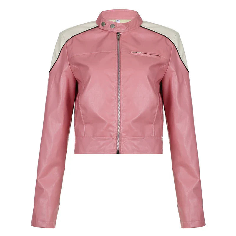 Pydshop 2024 Fashion Woman tops y2k style Pink Stripe Spliced Zip-Up PU Leather Jacket