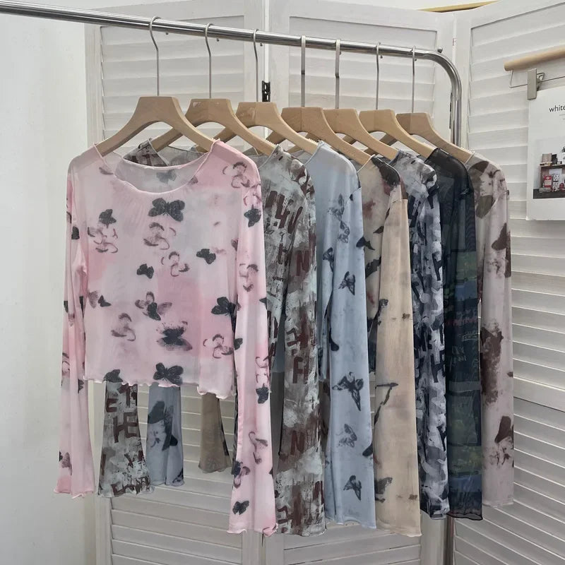 Pydshop Women's Vintage Tie Dye Print Long Sleeve T-Shirt Hot Girl Sexy See Through Mesh Bottoming Short Crop Top 2612 Party Essential