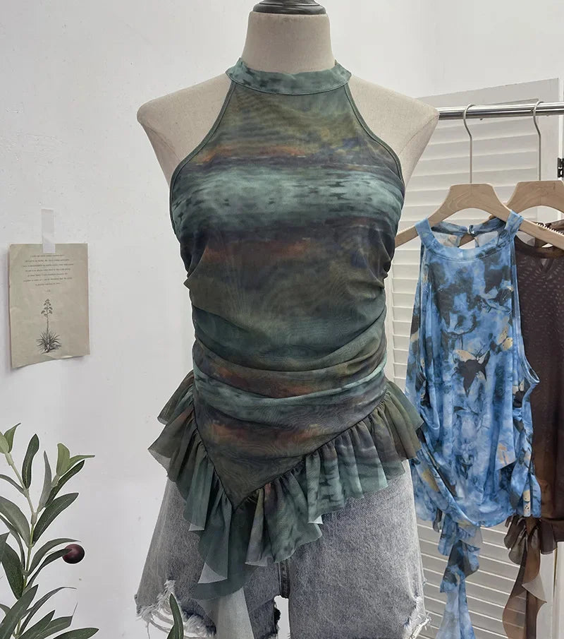 Pydshop Women Retro Mesh Half Turtle Collar Ruffled Ribbon Tank Top Sexy Hot Girl Tie Dye Printed Sleeveless Cropped Top Streetwear 9969